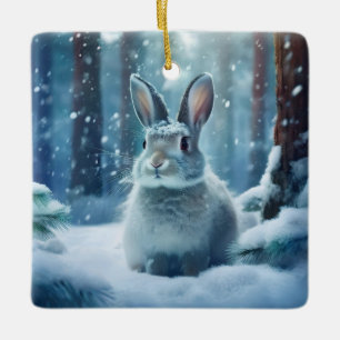 Ornement En Céramique Joli Lapin En Forêt Couverte De Neige En Céramique