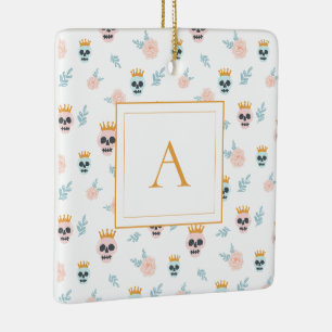 Ornement En Céramique Joli motif de crâne rose bleu Monogramme Halloween