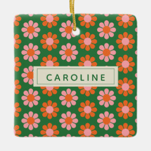 Ornement En Céramique Joli motif de fleur rétro coloré Vert Rose Nom