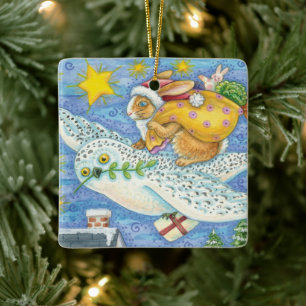 Ornement En Céramique Joli Noël avec un lapin en Père Noël sur un hibou