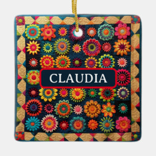 Ornement En Céramique Joli Patchwork Floral Quilt Noël