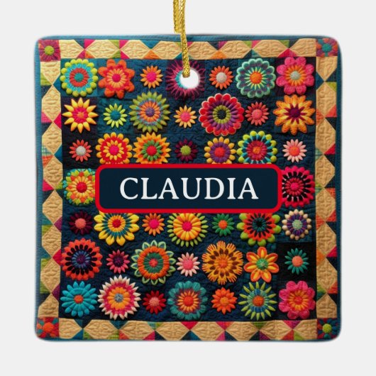 Ornement En Céramique Joli Patchwork Floral Quilt Noël (Devant)