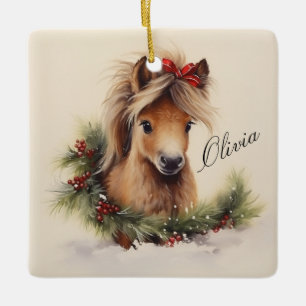 Ornement En Céramique Joli poney de Noël avec nom