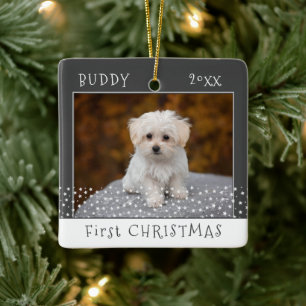 Ornement En Céramique Joli premier Noël Chien Photo Stars Grise