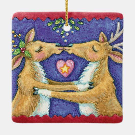 Ornement En Céramique Joli renne de Noël, Baiser romantique avec Mistlet (Dos)