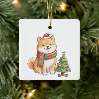 Ornement En Céramique Joli Shiba Inu de Noël en chapeau et écharpe de Pè