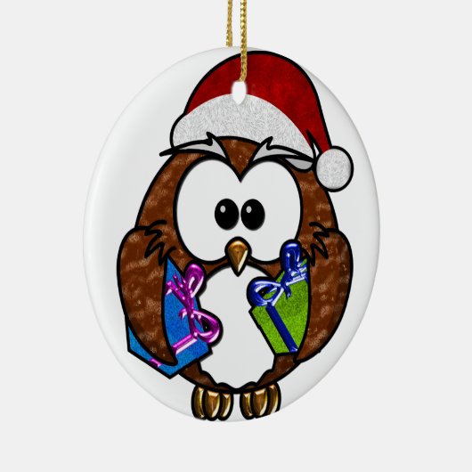 Ornement En Céramique Jolie Chouette de Noël tenant présente (Droite)