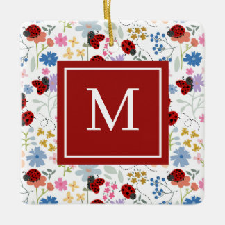 Ornement En Céramique Jolie coccinelle Fleurs sauvages Monogramme floral