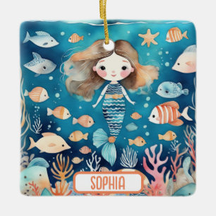 Ornement En Céramique Jolie petite sirène sous la mer avec poisson de co