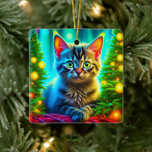 Ornement En Céramique Jolies lumières de Noël personnalisées et chaton 