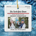 Ornement En Céramique Jote Christmas Photo Journal Imprimer Drôle<br><div class="desc">Ce design comprend un joli décor de Noël amusant et fantaisiste avec un design de typographie moderne et tendance, des rayures de sucre de canne rouge-blanc, un modèle photo de famille, journal de journal créatif, un cool unique le pôle nord, avec le pôle nord des elfes de Santa Claus, une...</div>