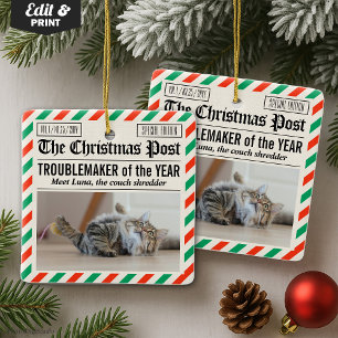 Ornement En Céramique Journal de Noël du Chat Fauteur de Troubles de l'A