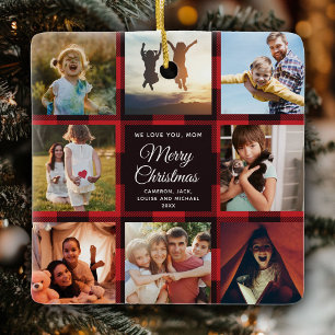 Ornement En Céramique Joy Christmas Mom Red Plaid Family Photo Collage
