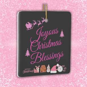 Ornement En Céramique Joyeuses Bénédictions de Noël rose sur charbon