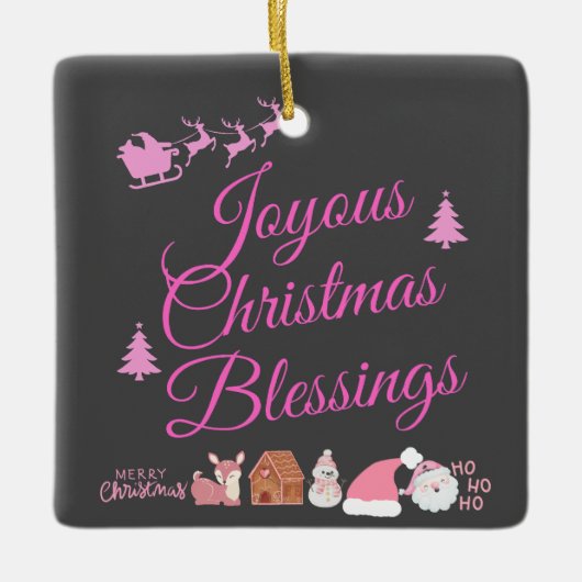 Ornement En Céramique Joyeuses Bénédictions de Noël rose sur charbon | (Devant)