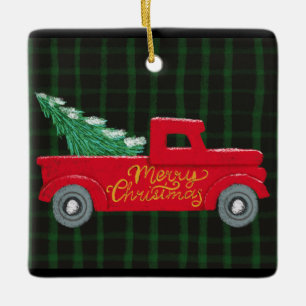 Ornement En Céramique Joyeux Camion rouge Noël avec arbre en céramique O