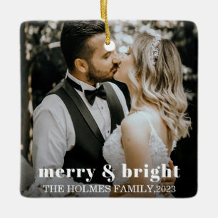 Ornement En Céramique joyeux et lumineux photo de couple de noël moderne