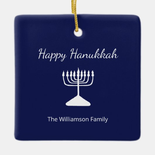Ornement En Céramique Joyeux Hanoukka Menorah Simple Bleu Blanc (Devant)