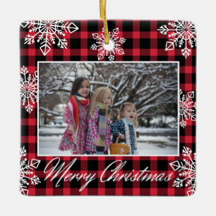 Ornement En Céramique Joyeux Noël 2 Photo Snowflakes Red Plaid