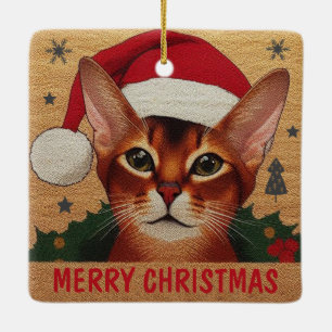 Ornement En Céramique Joyeux Noël Abyssinian Chat, Noël Père Noël Kitten