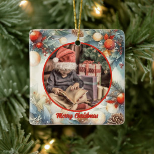 Ornement En Céramique Joyeux Noël aquarelle Foliage Vert Photo