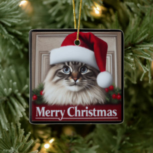 Ornement En Céramique Joyeux Noël Birman Chat, Noël Père Noël Chat Birma