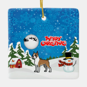 Ornement En Céramique Joyeux Noël Boxe Avec Un Snowman Et Père Noël