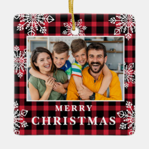 Ornement En Céramique Joyeux Noël carreaux rouges Famille Photo Flocons