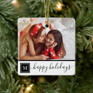 Ornement En Céramique Joyeux Noël Classique Blanc Photo Monogramme perso