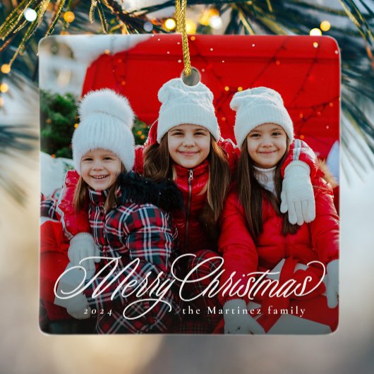 Ornement En Céramique Joyeux Noël classique script une photo vacances