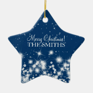 Ornement En Céramique Joyeux Noël Élégant Hiver Étincelle Bleu Royal