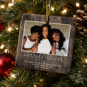 Ornement En Céramique Joyeux Noël en bois rustique écriture familiale ph