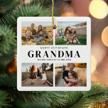 Ornement En Céramique Joyeux Noël Grand-mère 4 Photo Collage<br><div class="desc">Dites Joyeux Noël à grand-mère cette période de fêtes avec un ornement de Noël personnalisé avec 4 de vos photos préférées et petits-enfants noms enfants. Tout le texte de cette conception est modifiable afin que vous puissiez ajouter votre propre message ou texte. Disponible dans une variété de couleurs, de styles...</div>