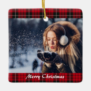 Ornement En Céramique Joyeux Noël Personnalisé Photo Buffalo Plaid
