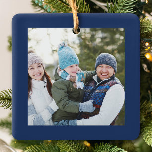 Ornement En Céramique Joyeux Noël Photo Script Bleu Marine