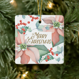 Ornement En Céramique Joyeux Noël Poinsettia Holly Aquarelle Floral