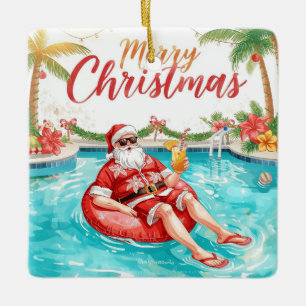 Ornement En Céramique Joyeux Noël Santa Tropical Été Fête au Piscine