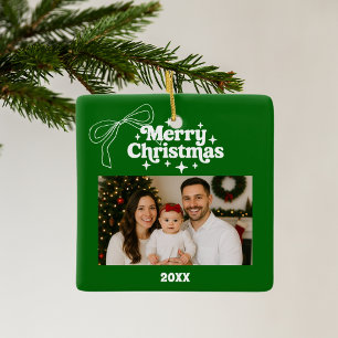 Ornement En Céramique Joyeux Noël vert photo arc dessiné main rétro