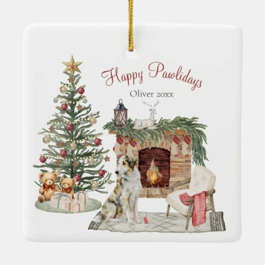 Ornement En Céramique Joyeux Pawlidays Chien Design - Borzoi (Dos)