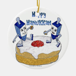 Ornement En Céramique Judaica Happy Hanukkah Dancing Dreidels