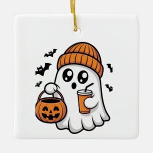 Ornement En Céramique Kawaii Fantôme Halloween Orange Bonnet Esprit d'Au