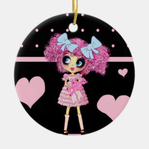 Ornement En Céramique Kawaii Girl PinkyP coeur rose noir