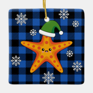Ornement En Céramique Kawaii Xmas Starfish sur Blue Buffalo Motif