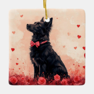 Ornement En Céramique Kelpie australien avec des roses - Saint-Valentin