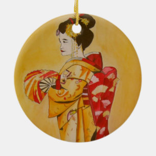 Ornement En Céramique Kimono d'or Geisha aquarelle d'origine