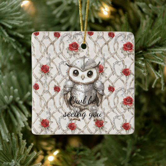 Ornement En Céramique Knight Owl in Shining Armor Red Roses Seeing You (Arbre)