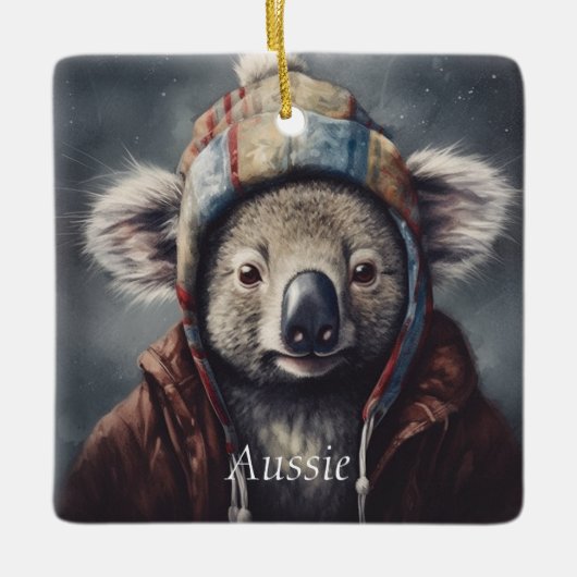 Ornement En Céramique Koala en casquette d'hiver, personnalisable (Devant)