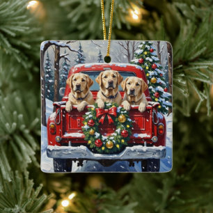 Ornement En Céramique Labrador Retriever Noël Camion Rouge Fêtes