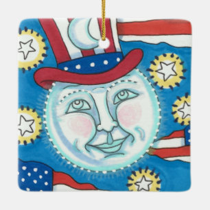 ORNEMENT EN CÉRAMIQUE L'AMÉRICANA FOLK ART PATRIOTIQUE HOMME DANS LA LUN