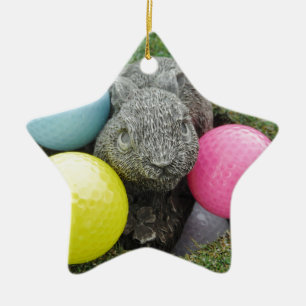 Ornement En Céramique Lapin avec oeuf jaune rose